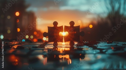 Two puzzle pieces fitting together at sunset with a heart-shaped opening.