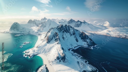Mountains In Winter. Aerial View of Reine Bay with Snow Covered Mountains in Lofoten Islands, Norge