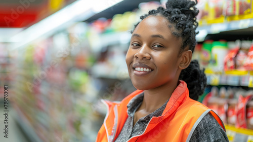 smiling supermarket employee in high visibility vest, friendly retail worker