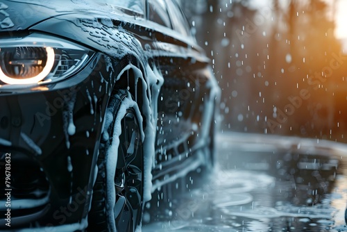 Car Wash Services: Soap-Covered Black Sedan Promoting Auto Care. Concept Car Wash Services, Auto Care Promotion, Soap-Covered Sedan, Black Sedan Detailing