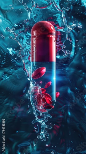 Cyan and red drug capsule dissolving in water, 3D illustration capturing the intense interplay of opposite colors,