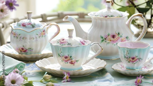 A vintageinspired porcelain tea set with a delicate scalloped edge and dainty pastelcolored flowers adorning the edges..