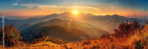 Mountain And Sun. Stunning Autumn Landscape with Sunset over Valley