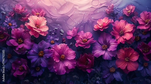 Create a vibrant depiction of the Milky Way using a cascade of variously sized pink and purple petunias