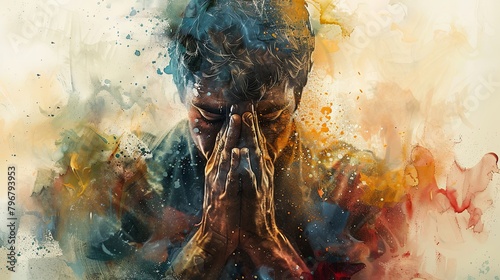 Painted portrait of a man praying with folded hands