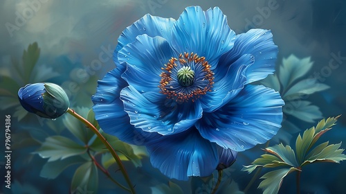 Create a composition featuring the Blue Himalayan Poppy, known for its vibrant blue petals and rarity outside its native alpine habitat