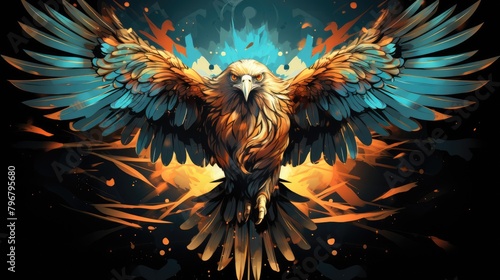 a graphics of a majestic eagle in flight, with its wings spread wide and eyes focused, AI Generative