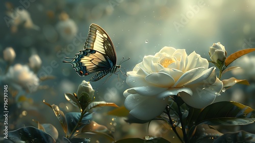 Create a scene where a butterfly perches on a blade of grass, looking up at a large, lush gardenia flower