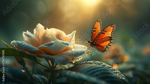 Create a scene where a butterfly perches on a blade of grass, looking up at a large, lush gardenia flower