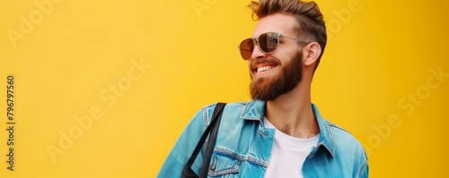 Cheerful man in sunglasses and denim jacket