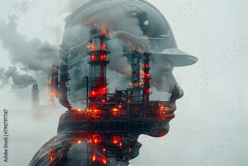 Futuristic double exposure of refinery and man