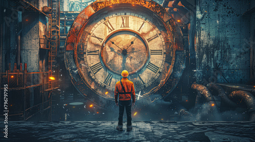 A man stands in front of a large clock with roman numerals. The clock is surrounded by fire, giving the scene a dark and ominous mood