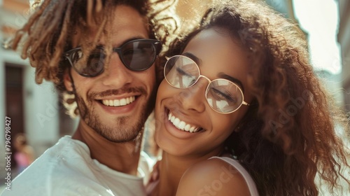 Happy Eyeglasses. Beautiful Young Multicultural Couple Embracing on Urban Street