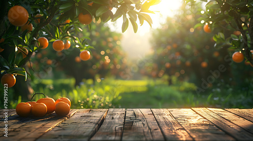 Tree Table wood Podium in farm display for food, perfume, and other products on nature background, Table in farm with orange tree and grass, Sunlight at morningt