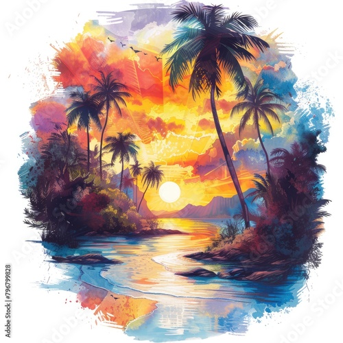 A vector tropical island paradise, painted in a lush, vibrant watercolor style, with bold, bright colors creating a sense of exoticism and adventure, AI Generative