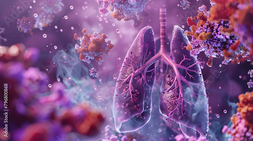 3D depiction of human lungs and macrophages with fungal spores illustration. vector concept for medical design on a purple background. 