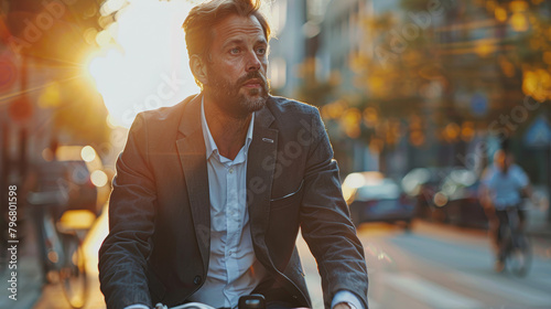 A man in a suit is riding a bicycle down a street. The sun is setting, casting a warm glow over the scene. The man is lost in thought, possibly contemplating his day or his future
