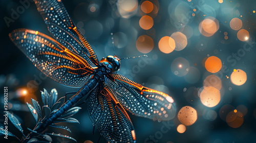 A dragonfly is perched on a leaf. The image has a dreamy, ethereal quality to it, with the dragonfly's wings and the leaf's veins creating a sense of movement and life