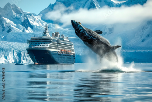 A magnificent wale is jumping out of the water in front of a cruise ship, in Alaska