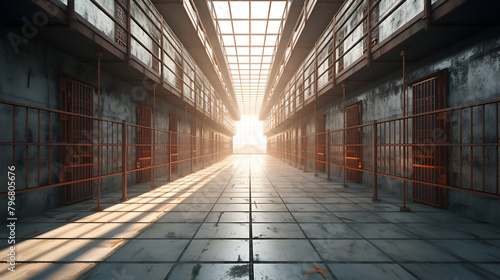 Prison cell with light shining through a barred wind Solitude on a lighted background 