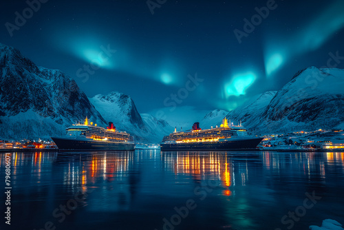 Two beautiful cruise ships docked in a Northern bay to enjoy the beauty of the Northern Lights