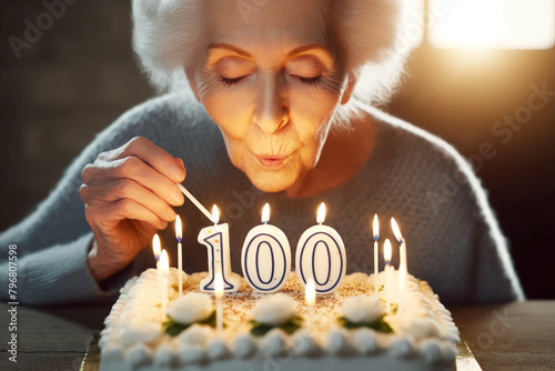 an elderly woman blows out burning candles with the numbers one hundred on a birthday cake