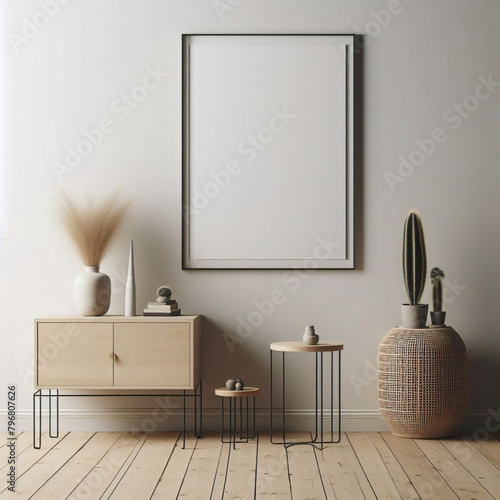 Diseño interior escandinavo de sala de estar con consola de madera, anillos en la pared, marco de póster simulado, flores en jarrón y elegantes accesorios personales