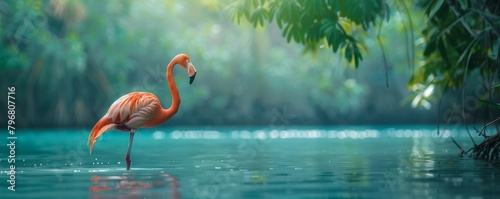 Serene flamingo by water in lush habitat