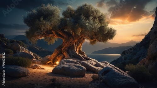 Landscape of beautiful olive tree over the coast