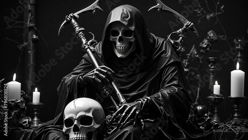a large skeletal figure in a black robe with a hood, holding a scythe in one hand and reaching the other out towards two smaller figures in black robes. The background is dark and foggy with two cross