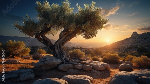 Landscape of beautiful olive tree between rocks