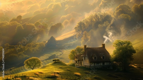 A captivating image of a quaint cottage nestled amidst rolling hills, bathed in the soft light of the morning sun, with wisps of smoke curling from its chimney.