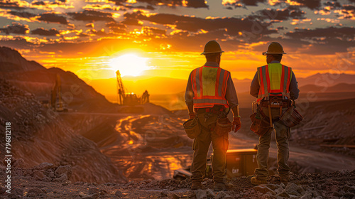Two men in orange vests stand on a rocky hillside, looking out over a construction site. The sun is setting in the background, casting a warm glow over the scene. Scene is one of hard work