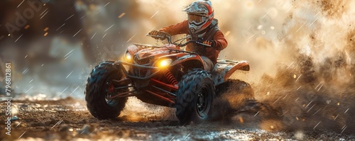 ATV racer splashing through muddy water