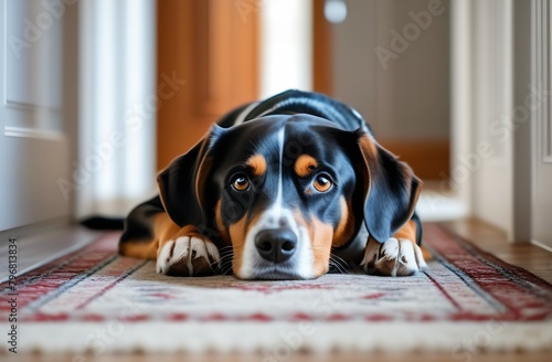 Adult dog lies on the carpet at the threshold inside a house or apartment and waits for the owners, looking at the camera with sad eyes