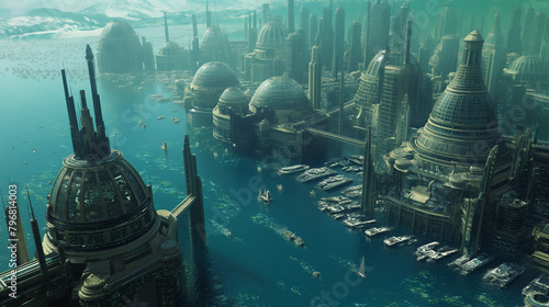 The image shows a futuristic underwater city. There are many tall buildings and a river flowing through the middle of the city. There are also some boats on the river.