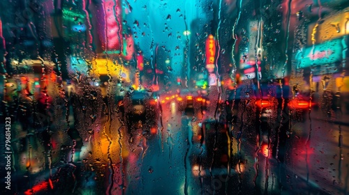 Amidst the downpour the city becomes a distorted landscape with blurred neon reflections bouncing off wet windows and glistening streets to create a surreal scene of urban chaos. .