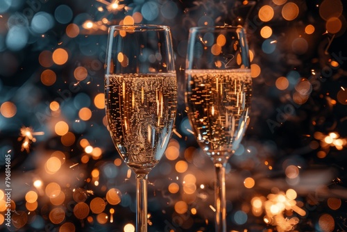 Two champagne glasses with effervescing bubbles against a sparkling bokeh backdrop, embodying celebration