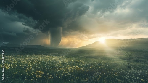 A dramatic tornado forming in the distance with a serene landscape in the foreground..