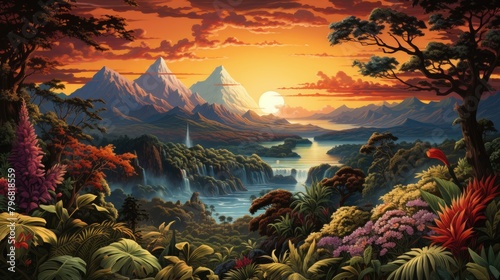 a image old world illustration with mountains on the background, AI Generative