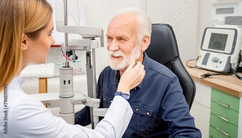 An elderly man undergoes an eye examination in a modern clinic. An expert checks vision using diagnostic ophthalmological equipment