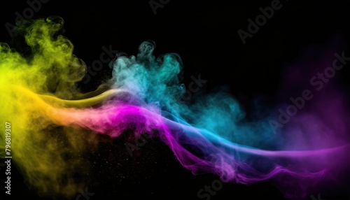 Abstract Coloful Smoke Dust Particles Night haze Mist Floating on Rainbow Coloured Smoke on Dark Black 