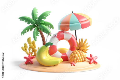 A tropical scene with a banana, a pineapple, a palm tree, a lifebuoy and an umbrella, isolated from the white or transparent background