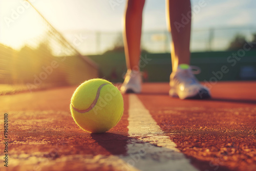 Close-up of a tennis ball on a clay court with a blurred player in the background, illuminated by the warm glow of a setting sun
