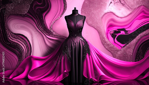 Long luxurious pink and black dress for nightlife evening wear or new fashion model