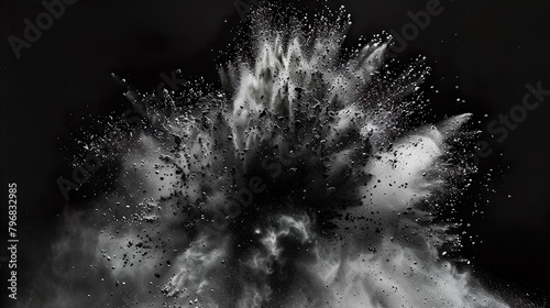 Graue und schwarze Farbexplosion vor dunklem Hintergrund, rauchender Knall, Explosion aus grauem und schwarzem Pulver