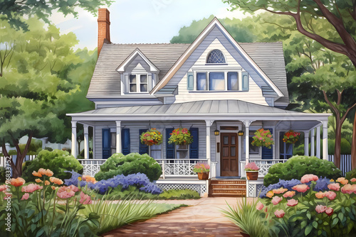 Dutch Colonial Style House (Cartoon Colored Pencil) - Originated in the early 18th century in the United States, characterized by a gambrel roof, flared eaves, and a central front door