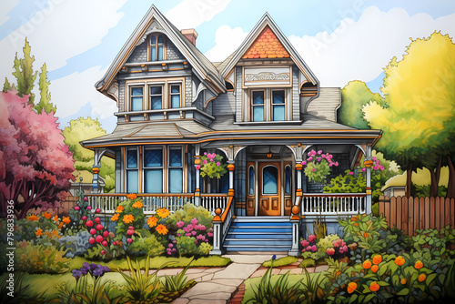 Victorian Style House (Cartoon Colored Pencil) - Originated in the mid to late 19th century in England, ornate style with asymmetrical shapes, intricate details, and steep roofs