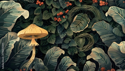 Mushroom Navigating a Mystical Maze Amidst a Lush Botanical Landscape