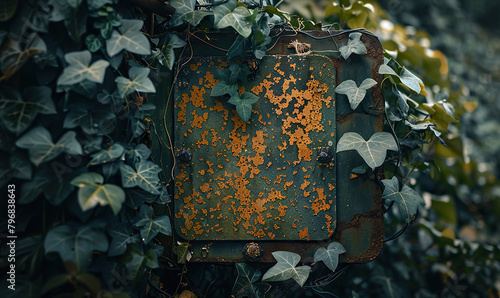 An old, rusty panel with peeling paint embraced by green ivy leaves. Generate AI